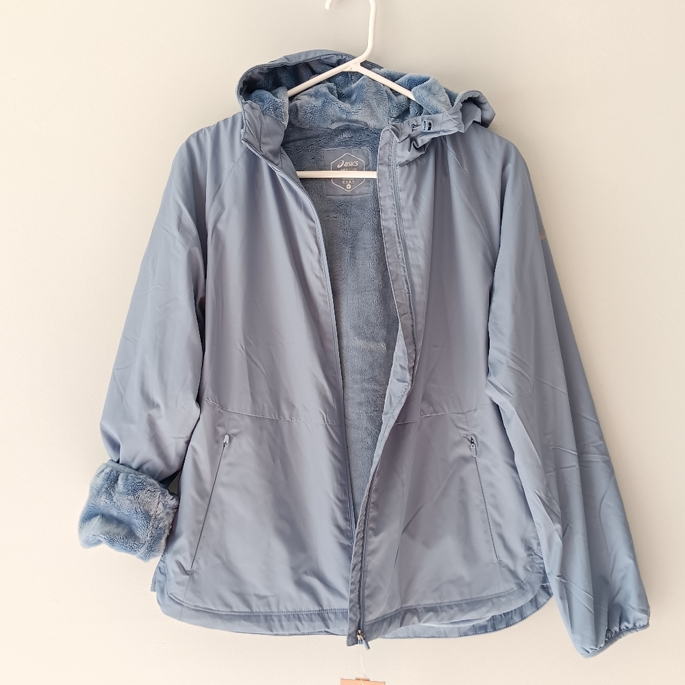 Aasics Jacket Fleece Lined Heat Retaining Warmth Reflective Hood Blue Medium - Picture 4 of 15